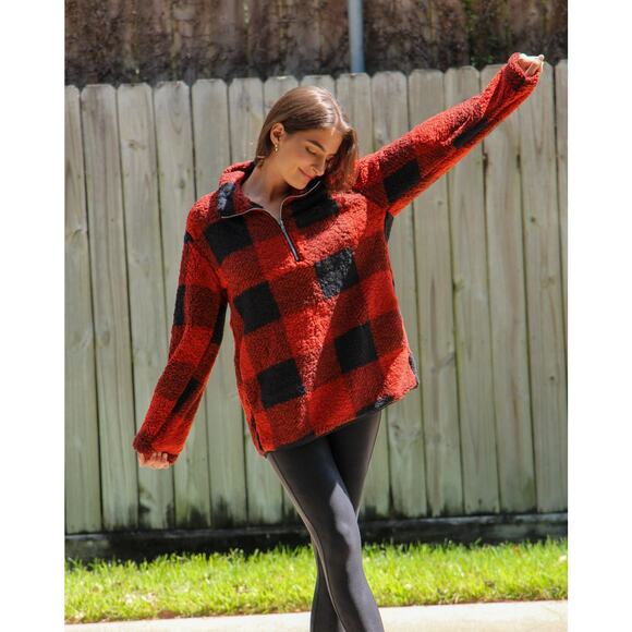 MEROKEETY Women's Plaid Sherpa Fleece Zip Pullover Jacket Medium - Picture 2 of 8